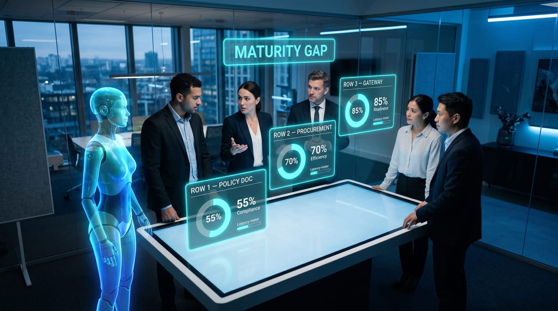 A diverse leadership team gathered around an interactive table with three translucent cyan holographic maturity-row panels labeled POLICY DOC, PROCUREMENT, and GATEWAY floating above.