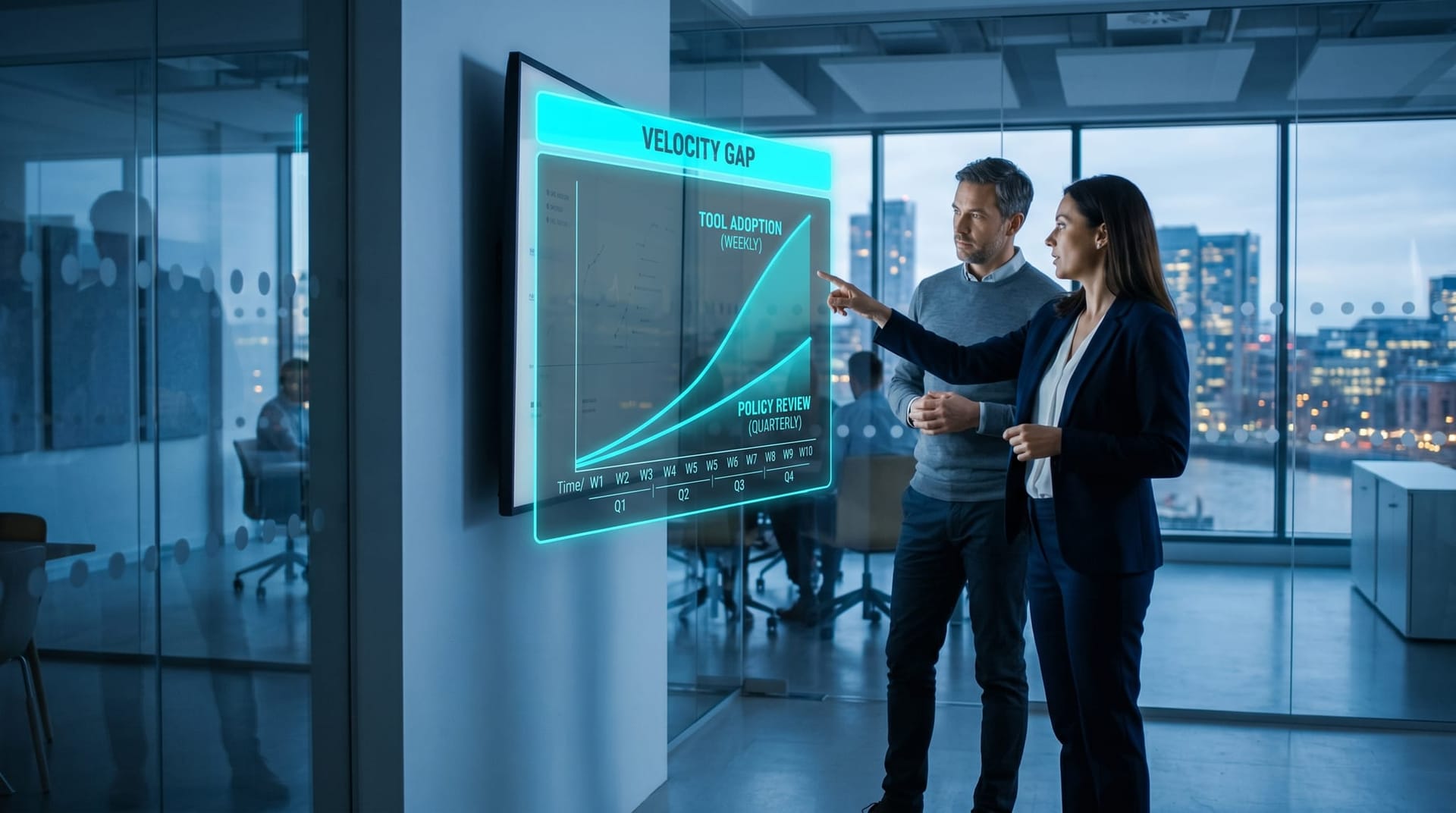 Two colleagues at a large display reviewing translucent cyan holographic panels labeled TOOL ADOPTION and POLICY REVIEW with a clear gap between two ascending curves.