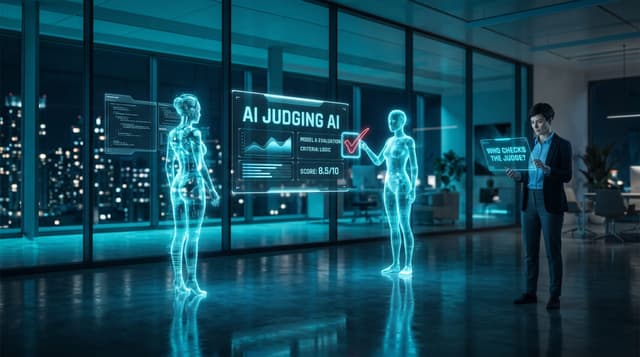A translucent cyan holographic AI avatar grading a second AI's work on a floating scorecard while a human checks the grader for calibration