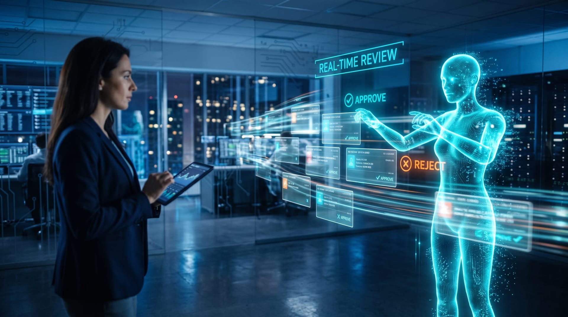 Holographic AI avatar scoring a live stream of agent actions in real time on floating approval panels, illustrating LLM-as-a-judge oversight