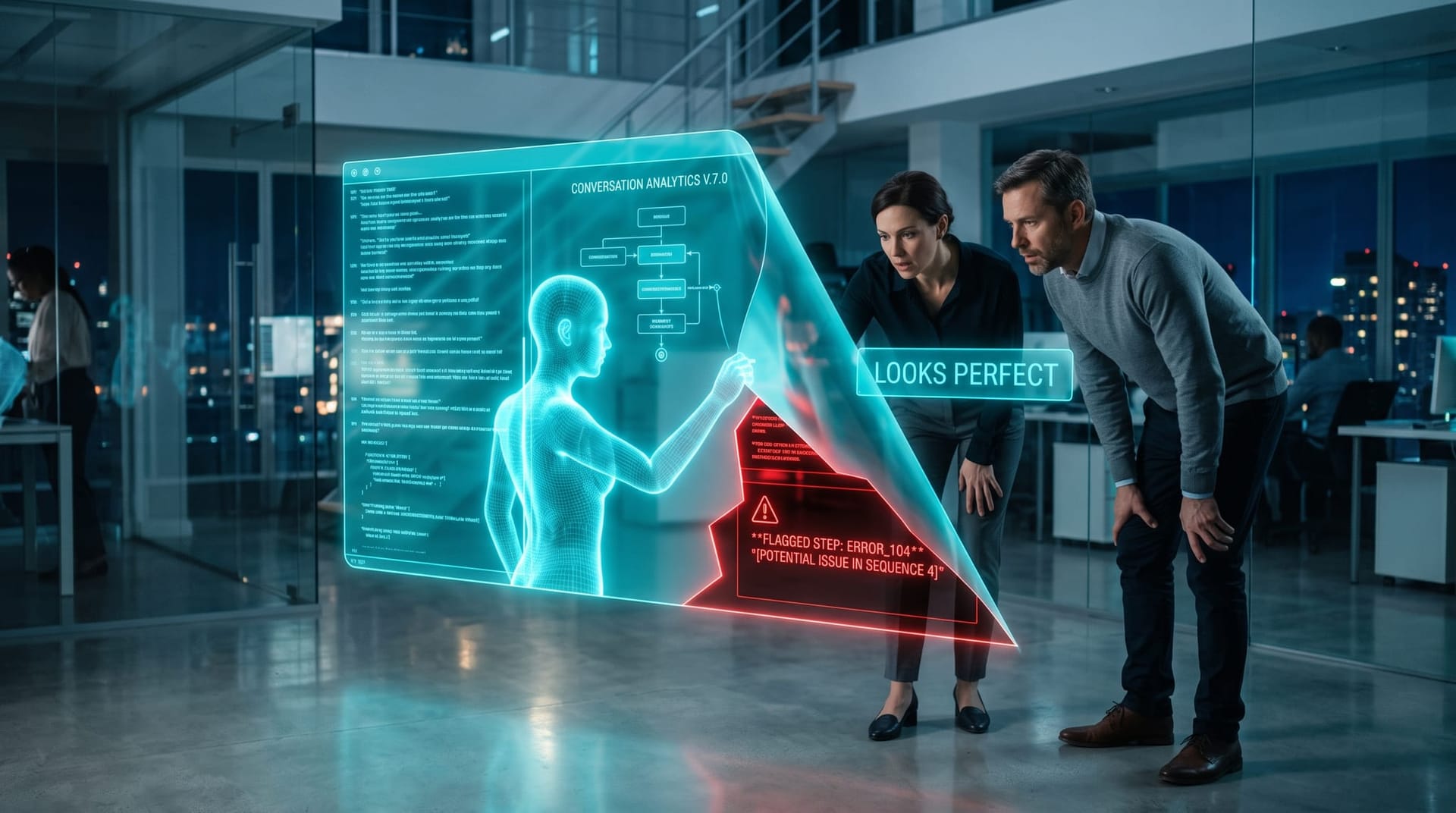 A flawless-looking holographic agent transcript hiding a red flagged error underneath, showing why a perfect conversation can still be broken