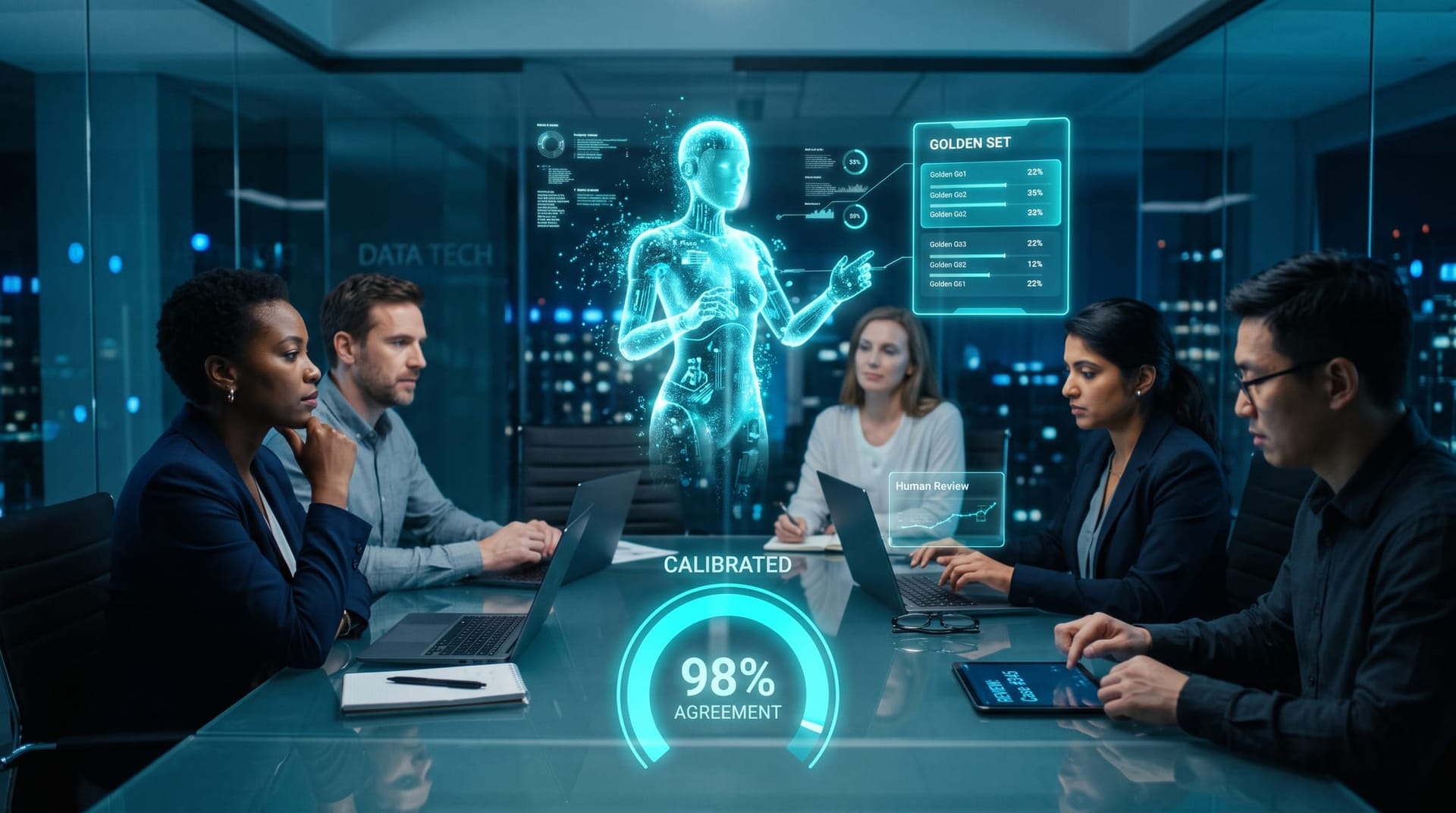 Business team calibrating an AI judge against a human-labeled golden set on floating panels, with a person spot-checking sampled verdicts