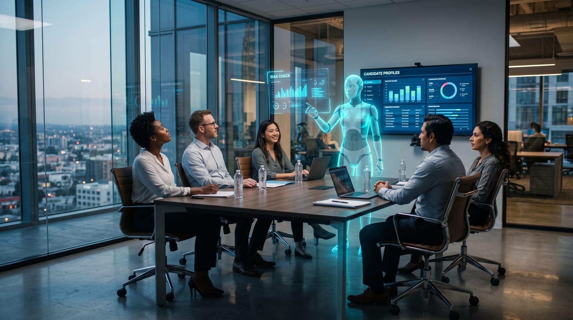 A hiring team reviews candidate profiles as a translucent cyan holographic AI figure flags bias on a floating dashboard, illustrating AI hiring bias risk
