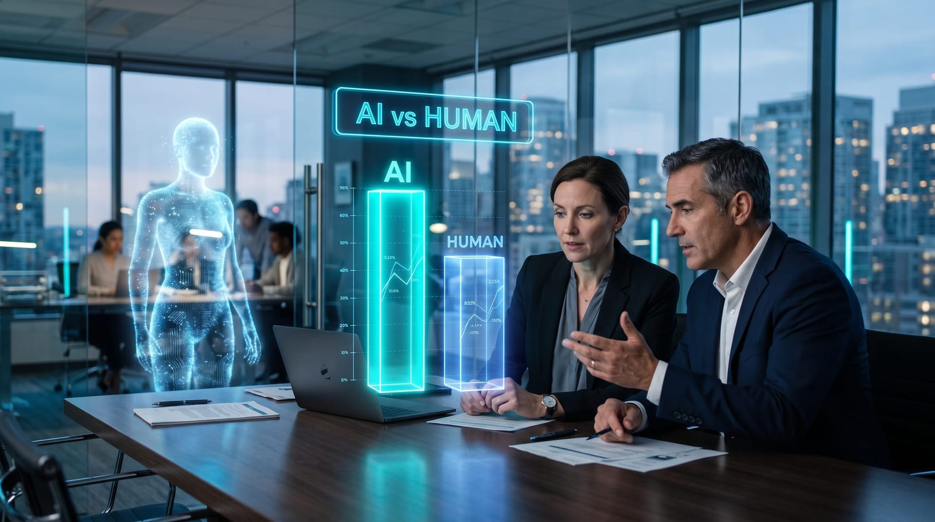 Colleagues study a floating holographic segregation-score chart comparing human and AI hiring decisions in a cool-lit modern office