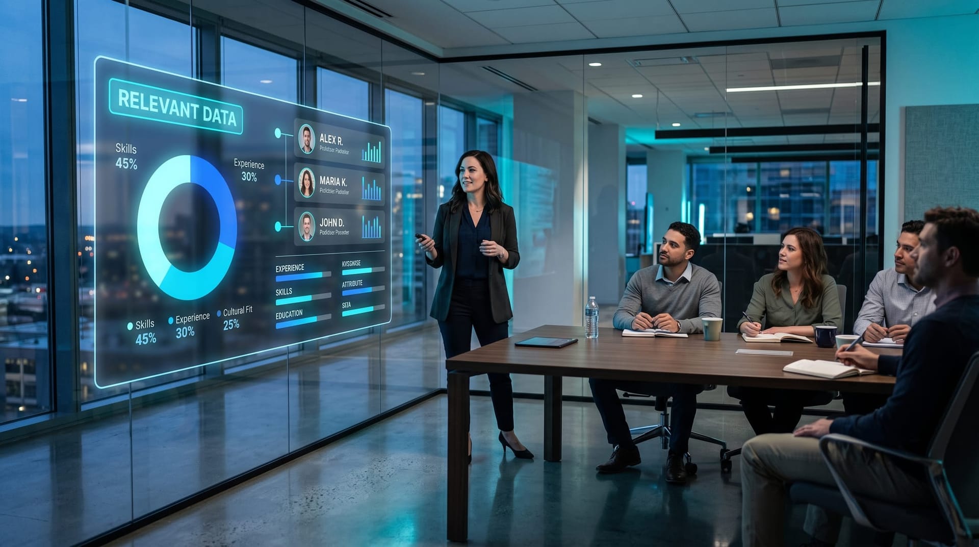A presenter demonstrates how job-relevant candidate data reduces AI hiring bias on a glowing holographic panel in a glass-walled office