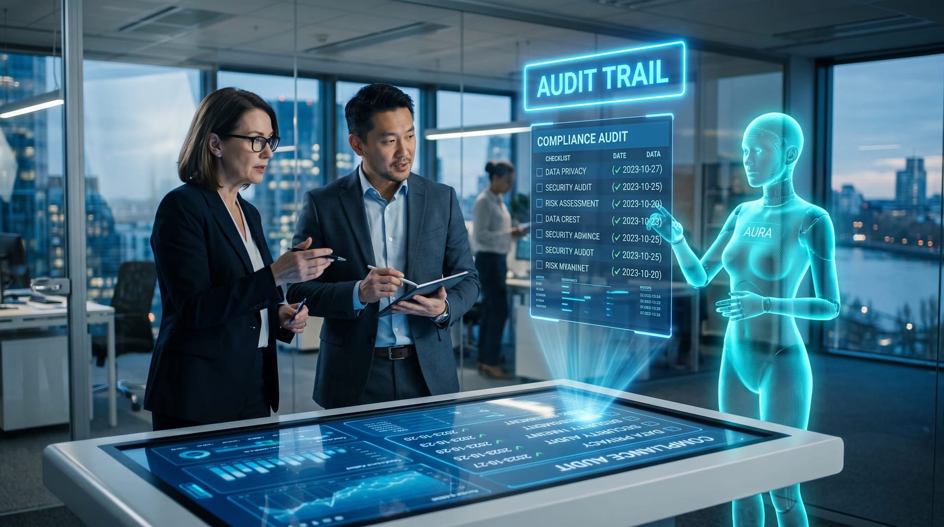 A business owner and advisor review AI hiring compliance controls with a translucent cyan AI figure and a floating audit-trail panel