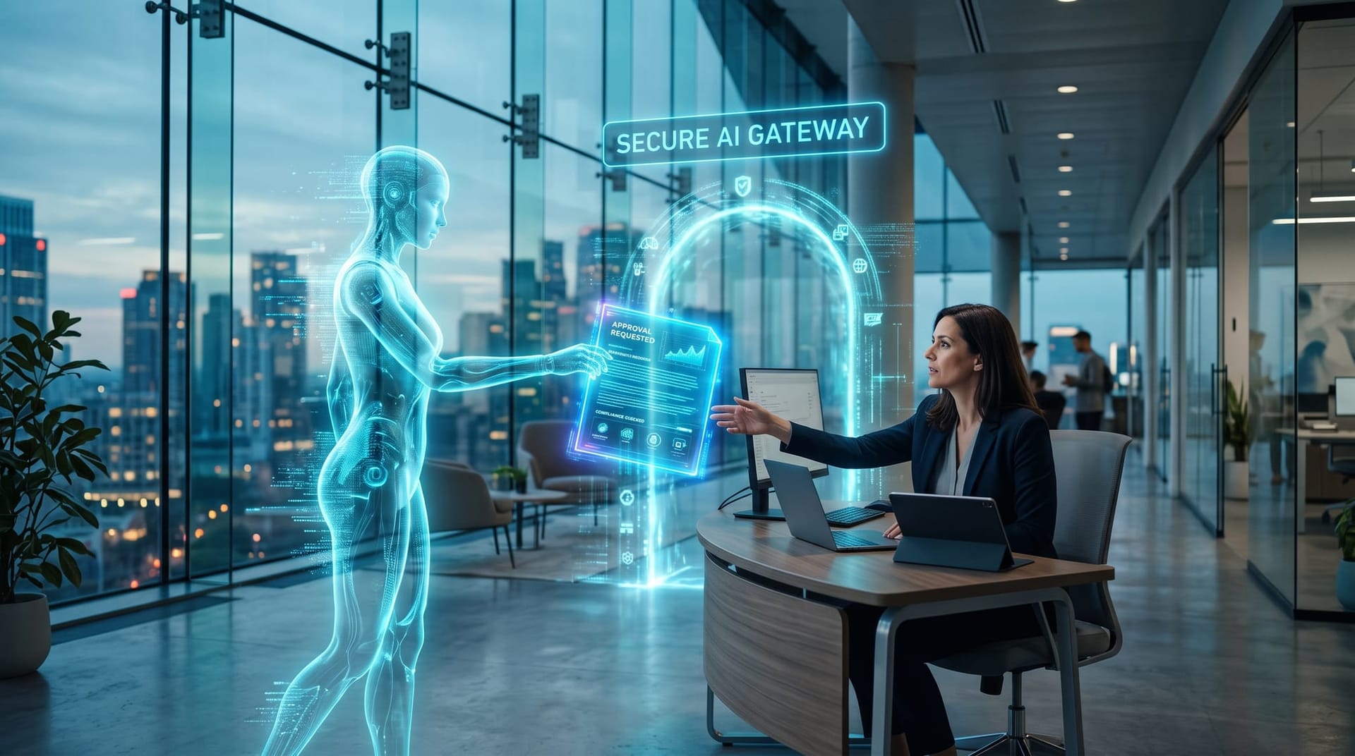 A governed AI Employee behind a secure gateway hands a hiring decision to a human reviewer, shown as a glowing cyan handoff in a cool-lit office