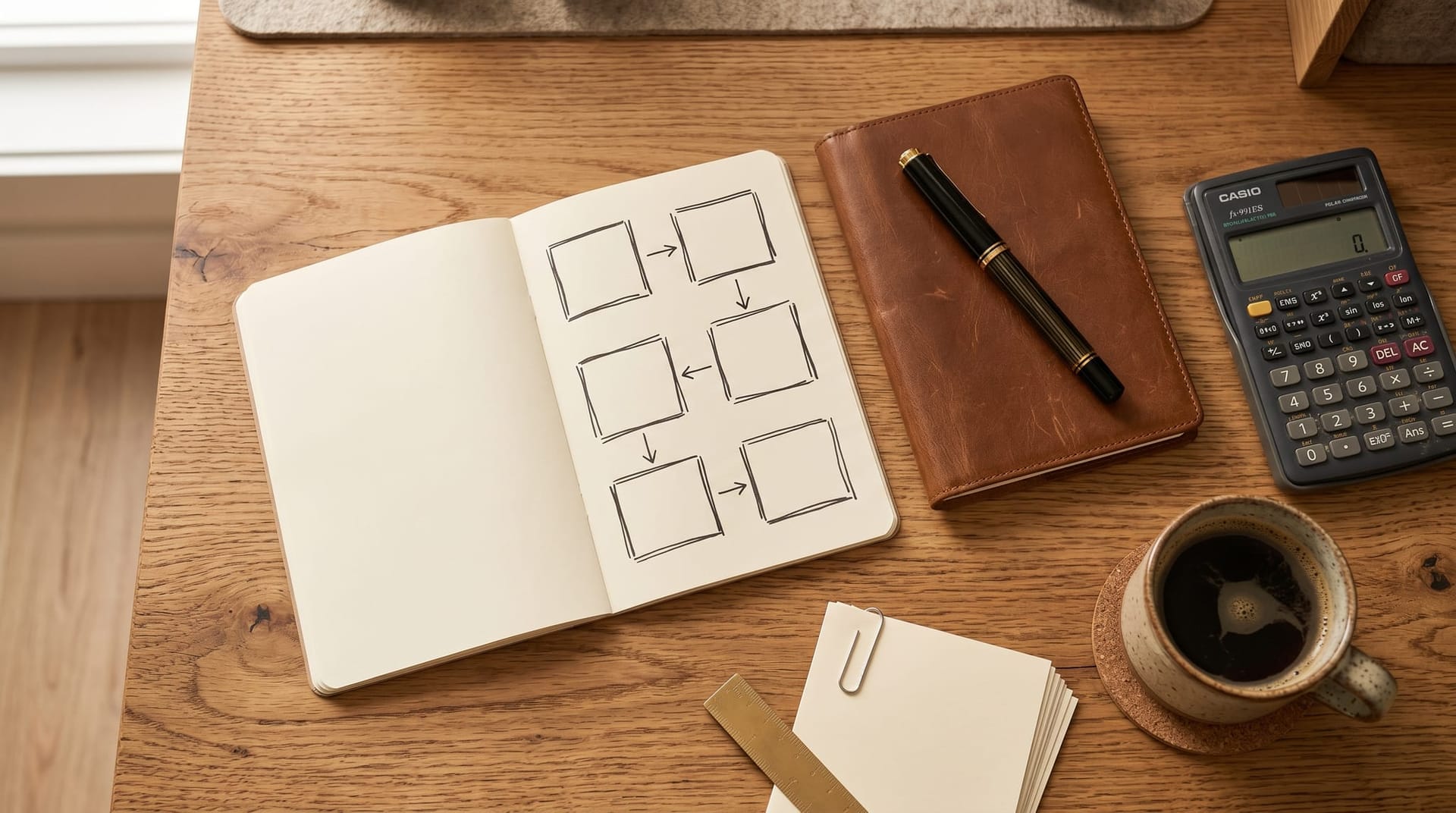 Workspace overhead view with five-question cost framework sketched in a notebook beside a calculator and coffee in a quiet planning session