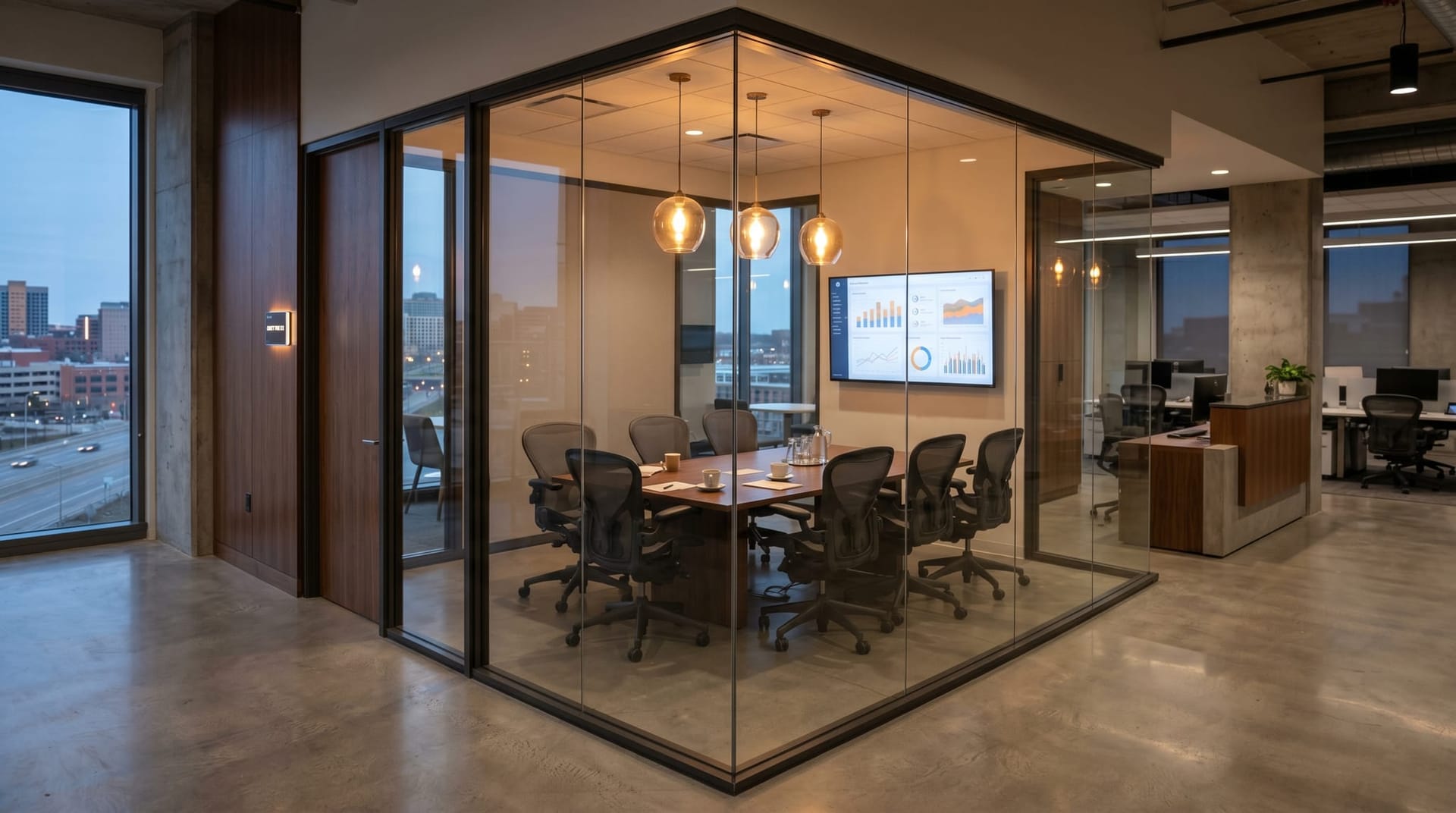 Fort Wayne professional services office at dusk with conference room visible through glass doors and a budget review display on a wall monitor