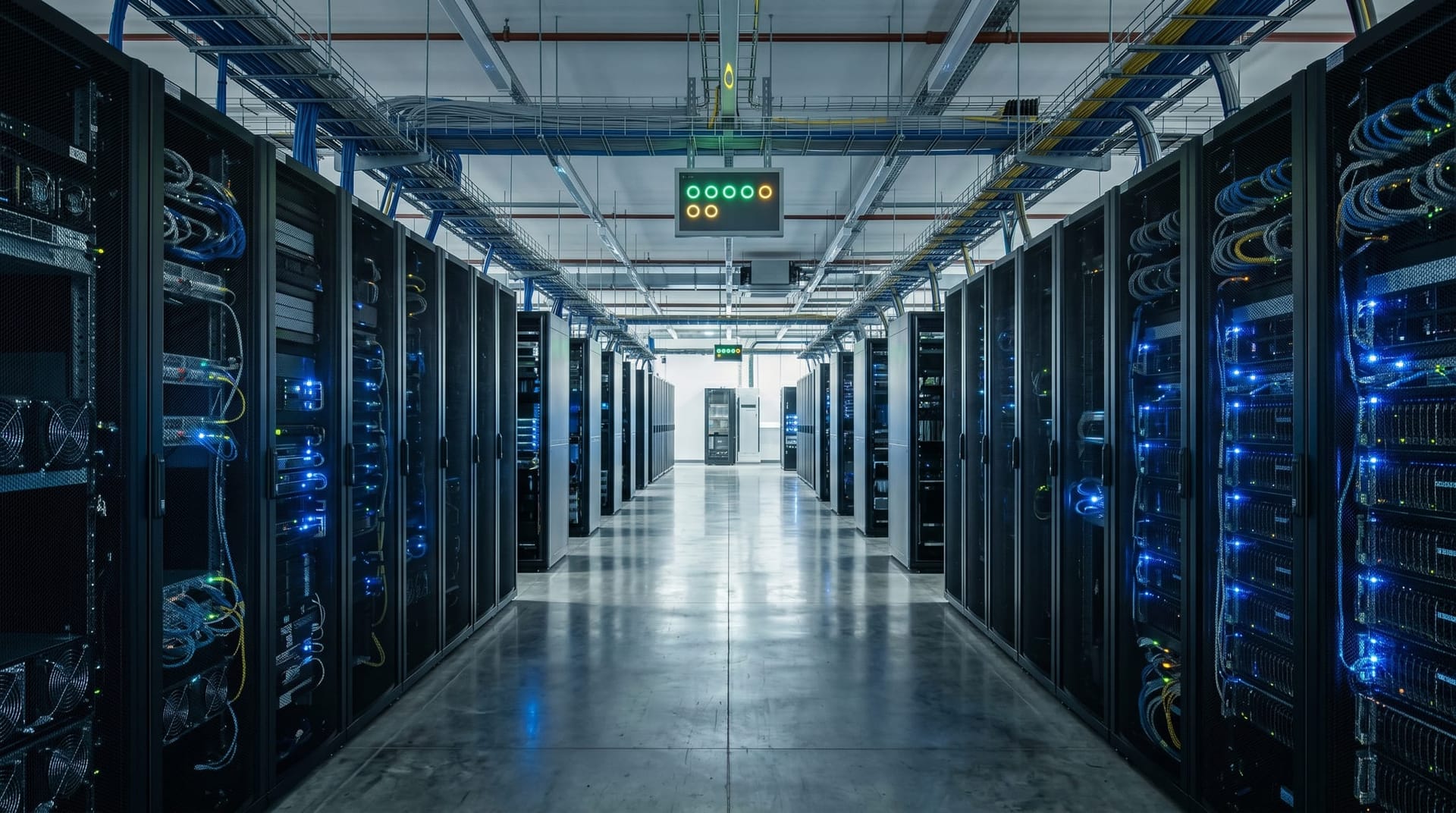 Abstract data center corridor with rows of compute racks and a sustainable energy efficiency display showing controlled AI inference workloads