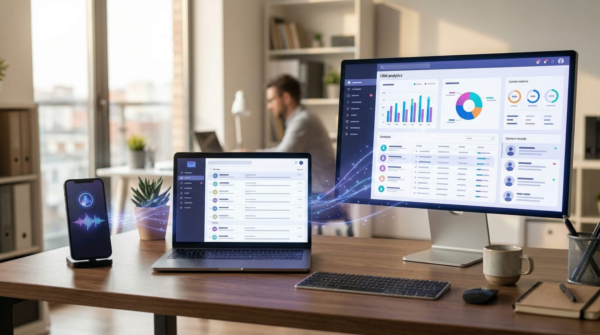 Multiple AI interface types displayed on connected devices including a smartphone with voice controls, laptop with email dashboard, and desktop with CRM analytics