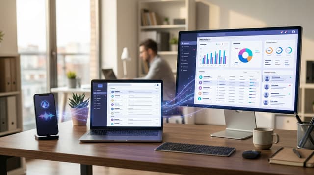 Multiple AI interface types displayed on connected devices including a smartphone with voice controls, laptop with email dashboard, and desktop with CRM analytics
