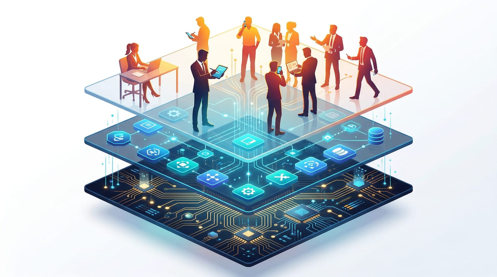 Conceptual layered diagram showing AI model at the base, application layer in the middle, and user interface at the top with business workers interacting at each level