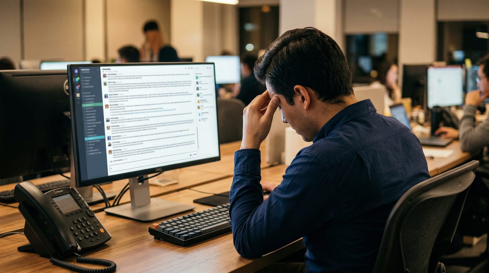 Frustrated office worker scrolling through a long AI chatbot conversation with walls of text while a simpler phone-based AI interface sits unused beside the keyboard