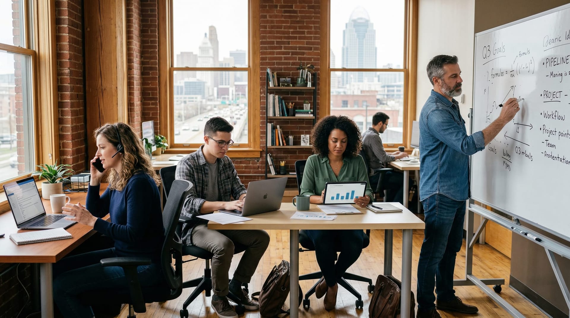 Business team in a Fort Wayne office naturally working with AI through their everyday tools like phones and laptops without a dedicated AI interface visible