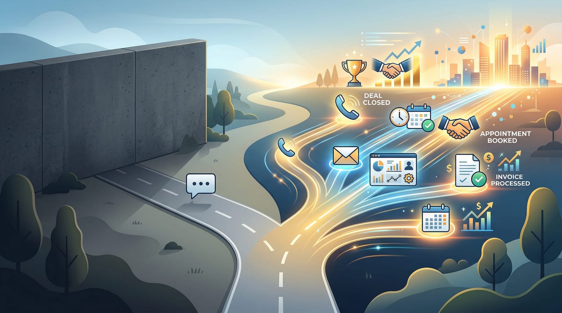 Contrasting paths showing a chat window dead end on one side and a branching workflow of phone email and CRM integrations leading to business results on the other