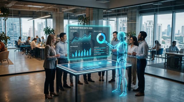 A diverse business team reviewing AI jobs data on a glowing cyan dashboard beside a translucent holographic AI Employee avatar in a modern office