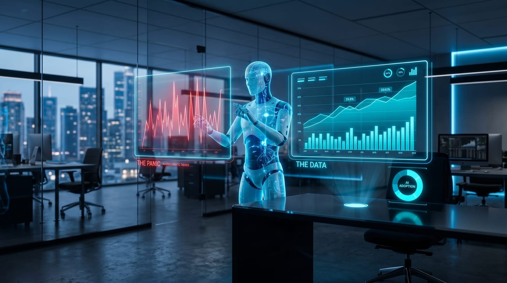 Floating cyan holographic charts contrasting AI jobs panic against aggregate employment data while an AI Employee avatar gestures at the numbers