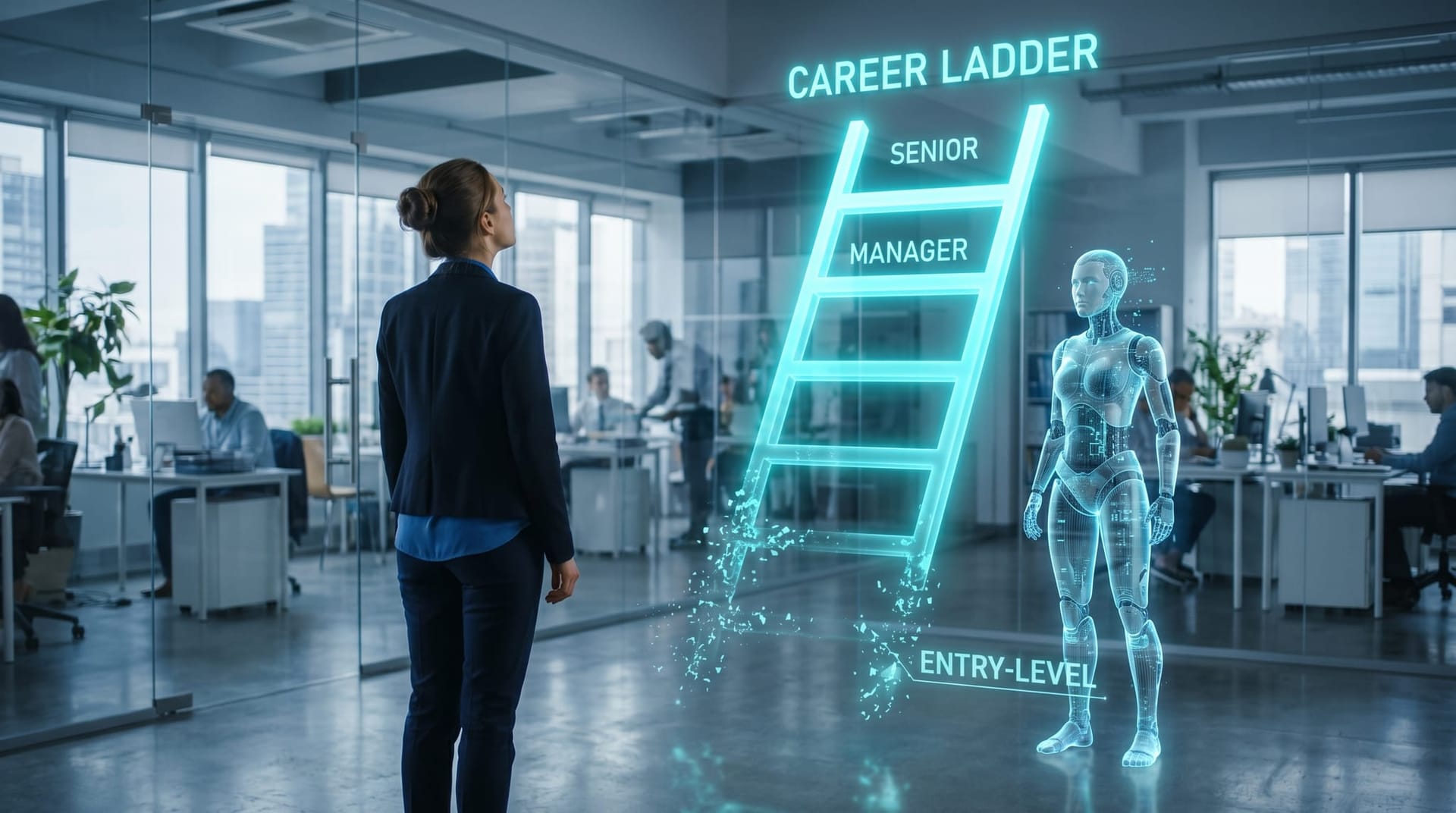 A holographic career ladder with eroding lower rungs beside a young professional and a translucent cyan AI Employee avatar in a modern office