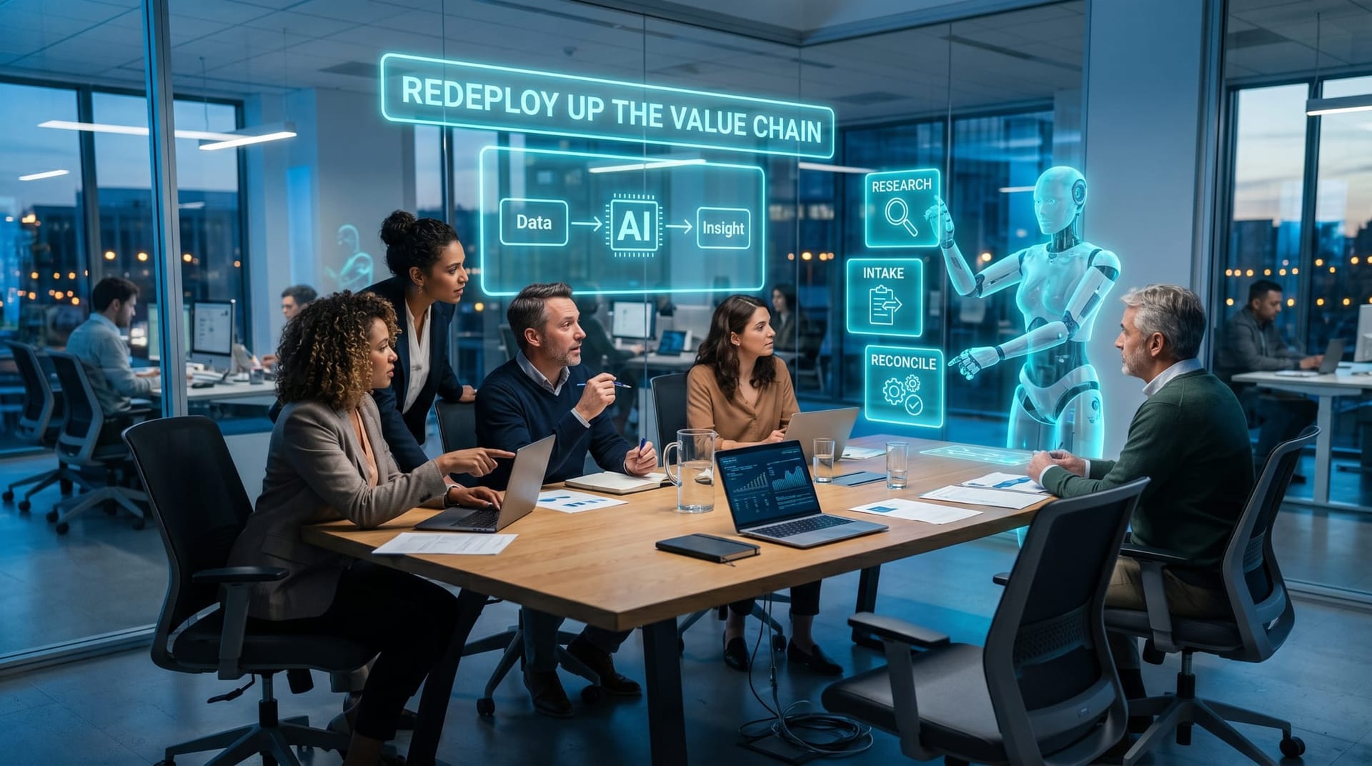 A business team collaborating as a translucent cyan AI Employee avatar takes on repeatable workload shown on floating holographic task panels