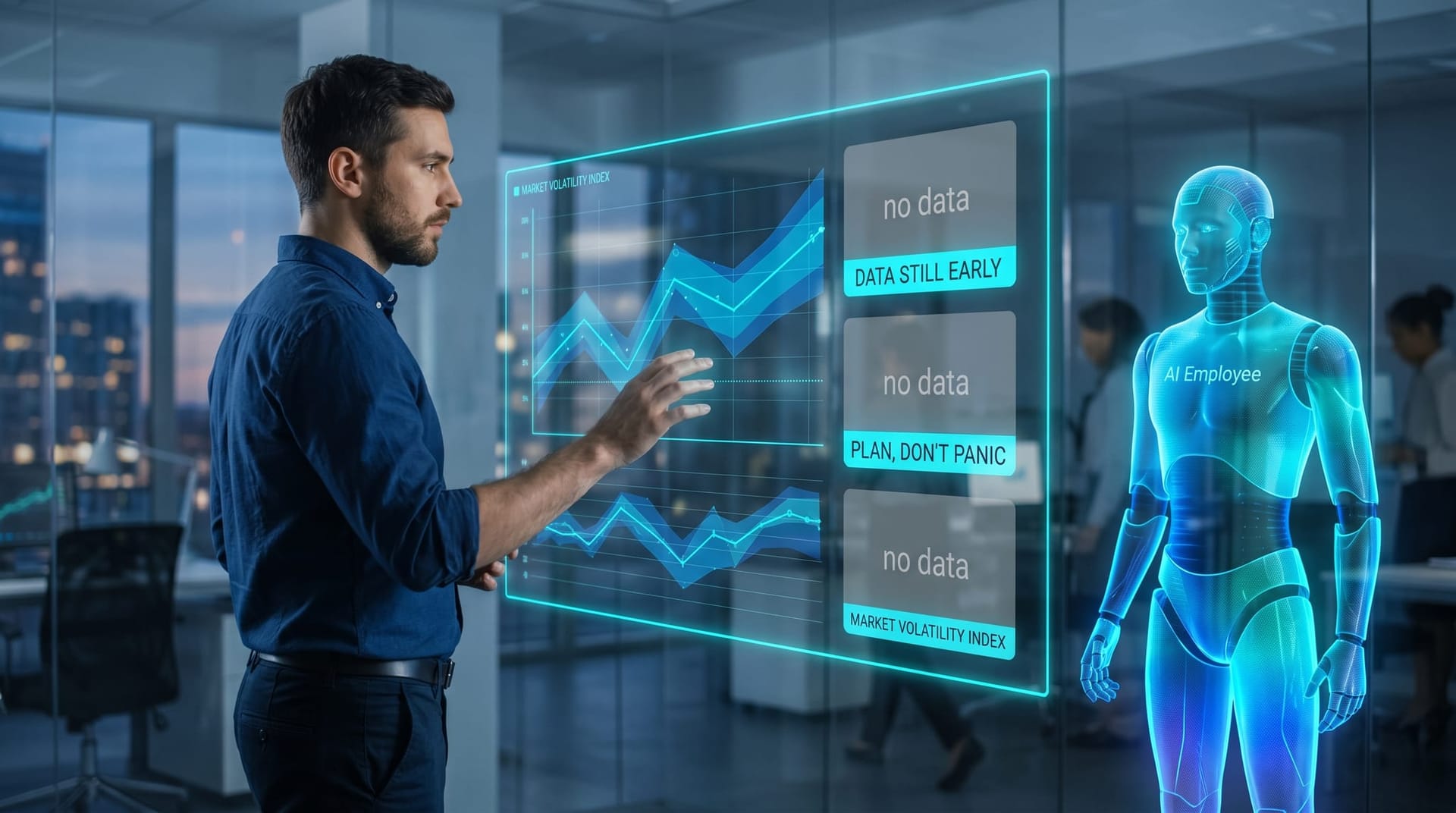 An analyst studies a holographic AI workforce dashboard showing uncertainty bands and data gaps beside a translucent cyan AI Employee avatar