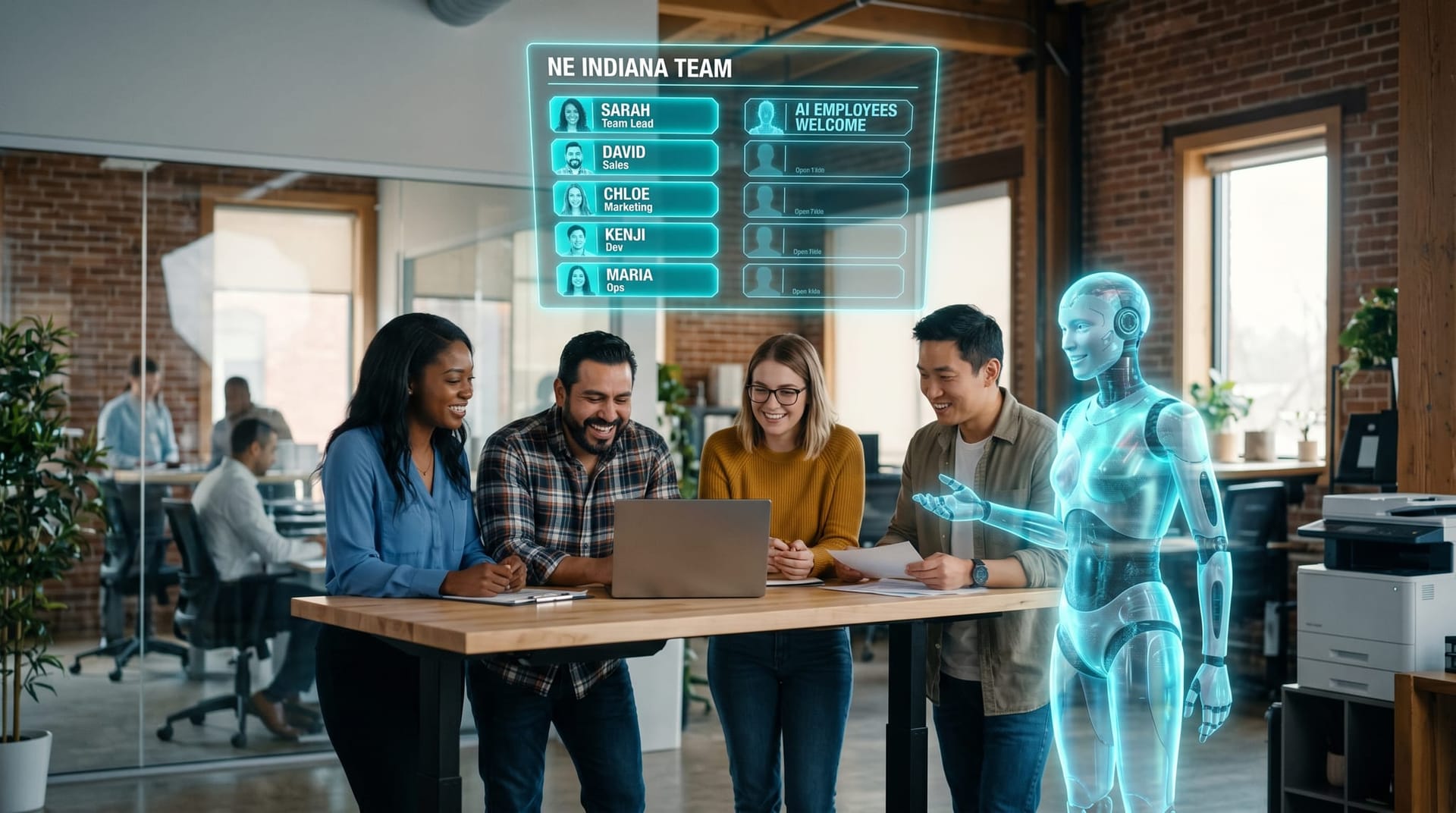 A Northeast Indiana mid-market team in a modern office where a translucent cyan AI Employee avatar fills a staffing gap on a glowing roster panel