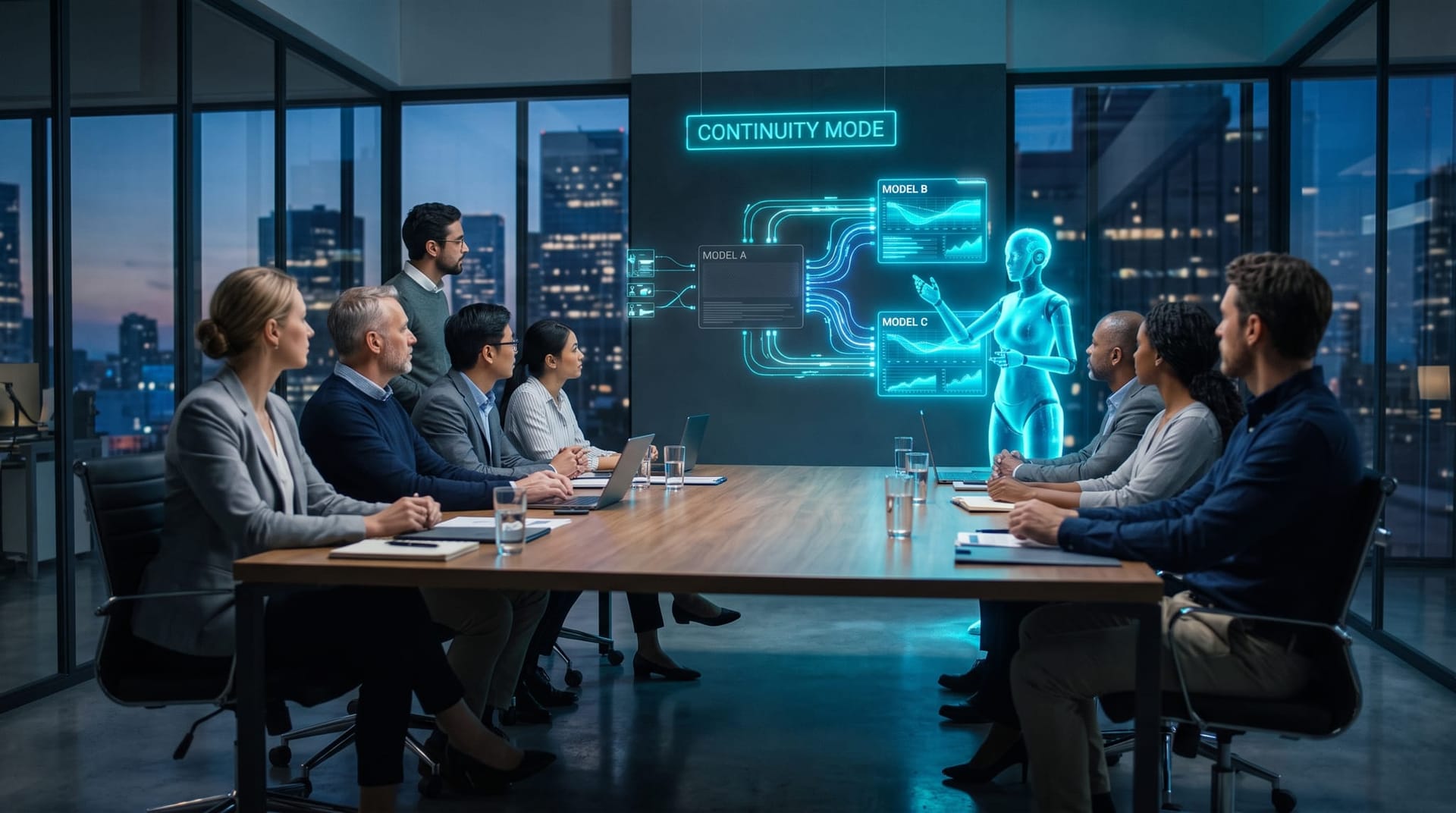 Business team watching a cyan holographic AI Employee reroute workloads around a darkened model panel during an AI model outage continuity drill.