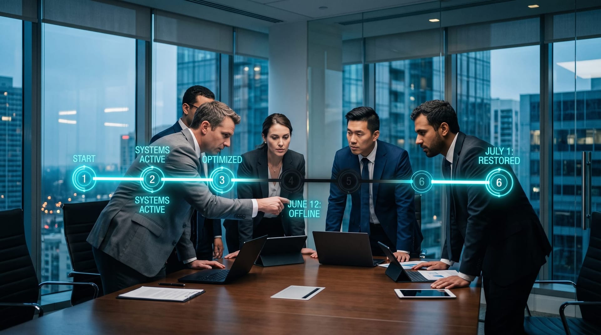 Boardroom team studying a glowing holographic three-week timeline of the Claude Fable 5 outage from launch to lockout to global restoration.