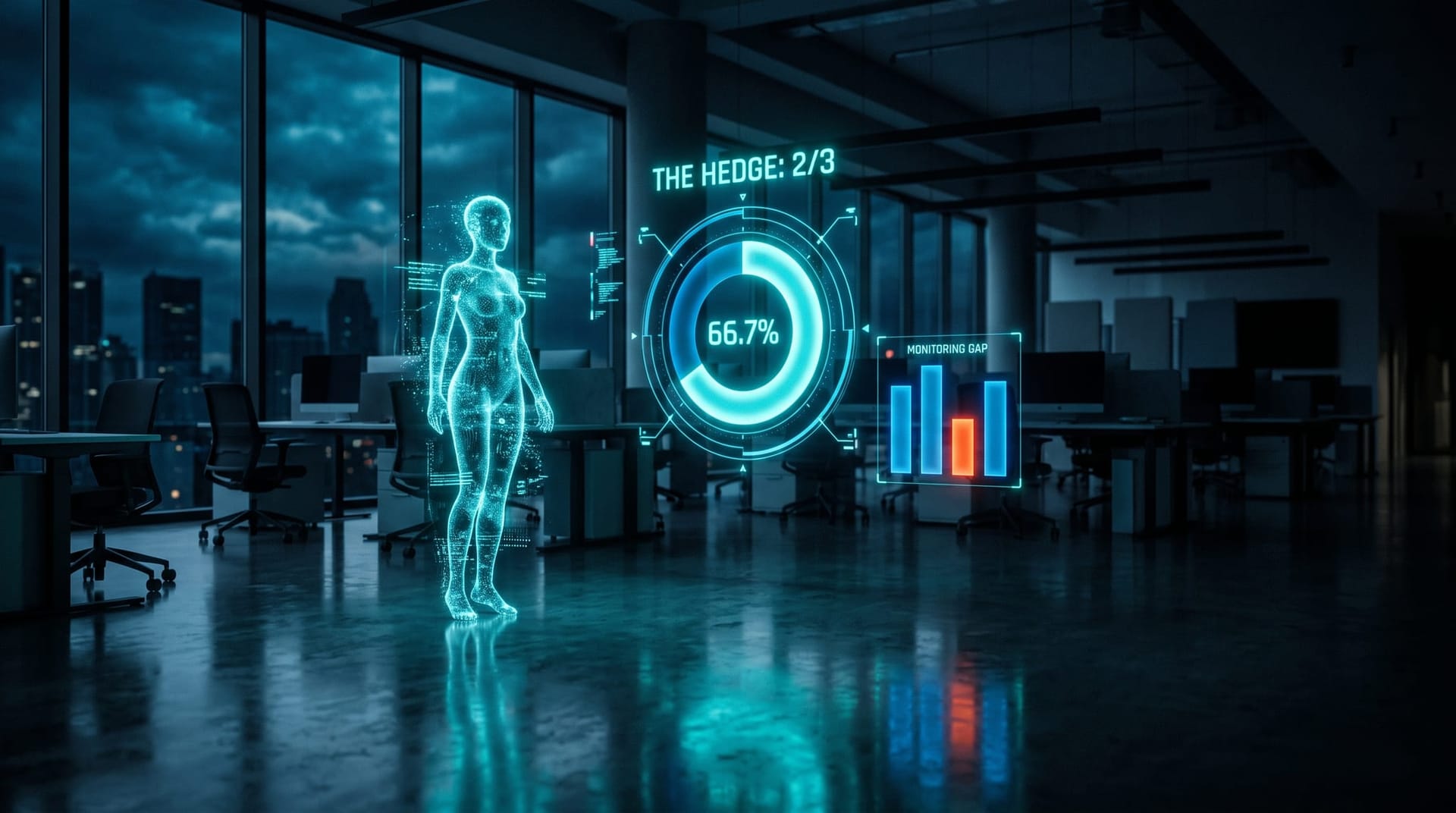 Cyan holographic dashboard showing a two-thirds donut chart of enterprises with a multi-model AI hedge beside smaller monitoring-gap charts.
