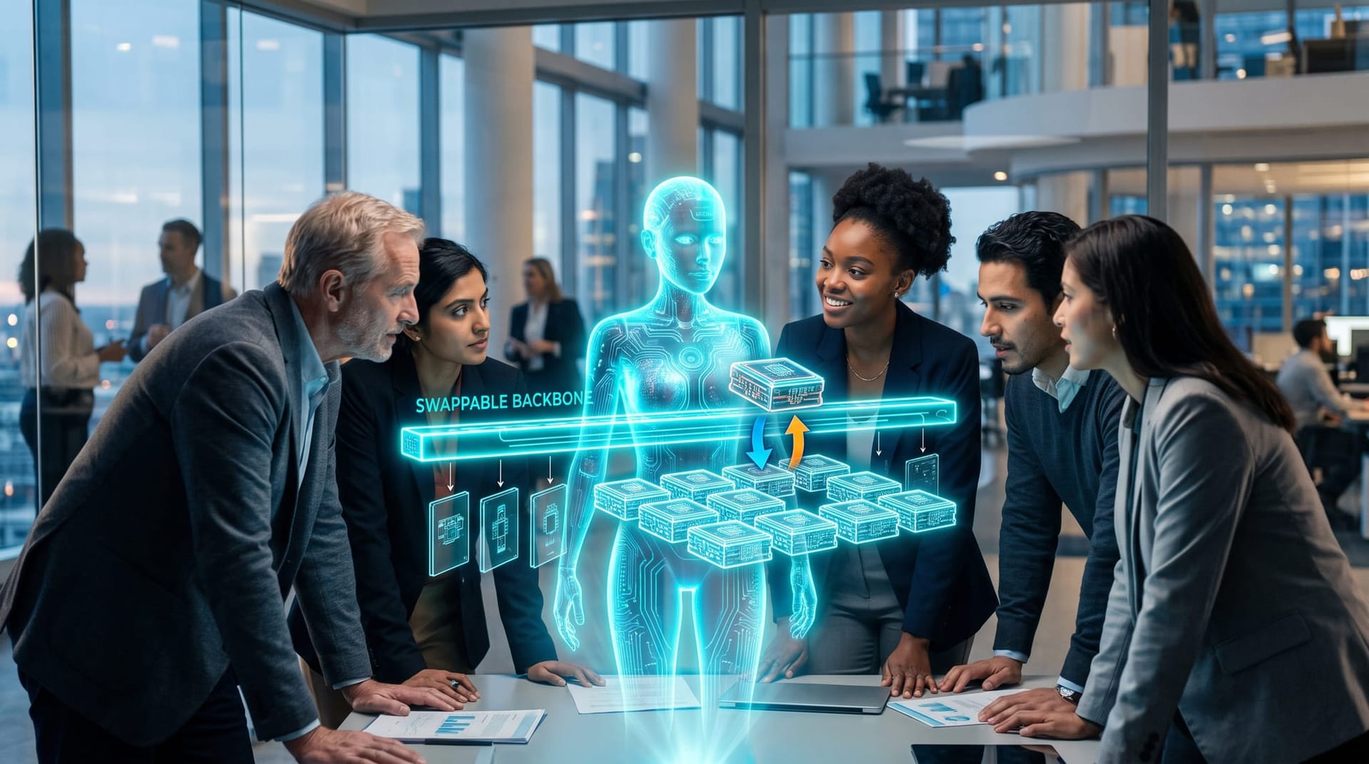 Diverse team and a translucent cyan AI avatar examining a swappable AI backbone architecture hologram of interchangeable component modules.