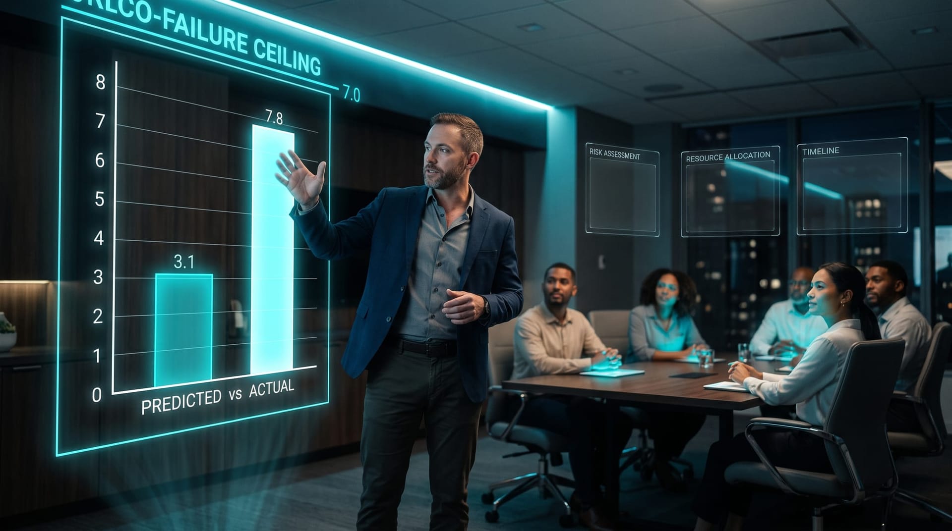 Holographic chart of predicted versus actual multi-model AI co-failure rates, three model panels dimming together under a glowing ceiling line.