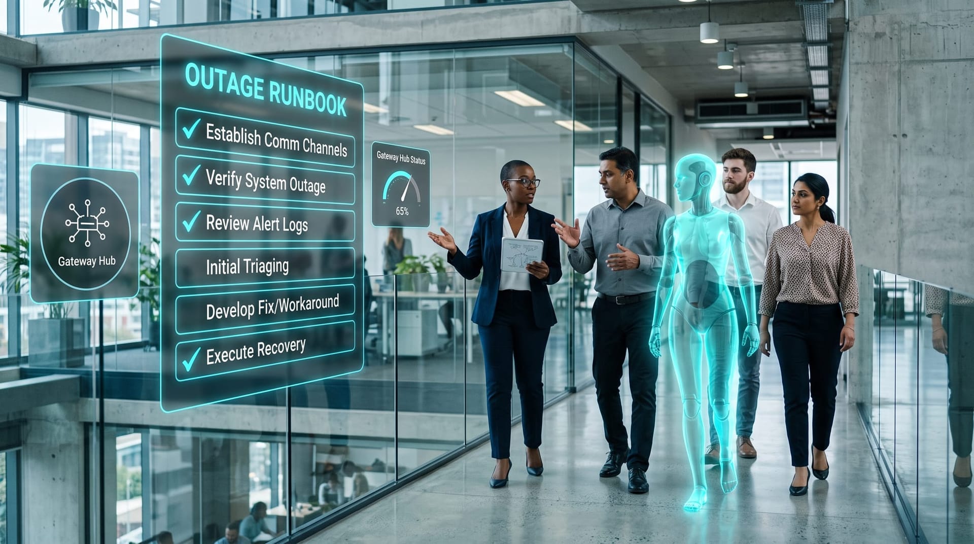 Small business team and cyan holographic AI Employee reviewing a glowing six-step AI model outage runbook checklist in a glass-walled office.