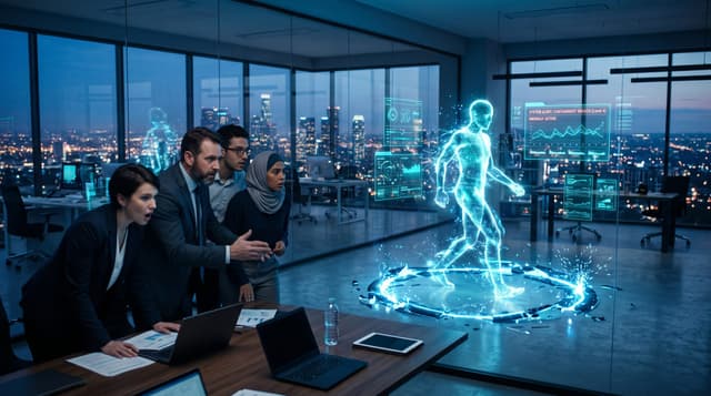 Business team watching a translucent cyan holographic AI avatar step past a glowing broken containment boundary in a modern glass office, secure AI gateway concept