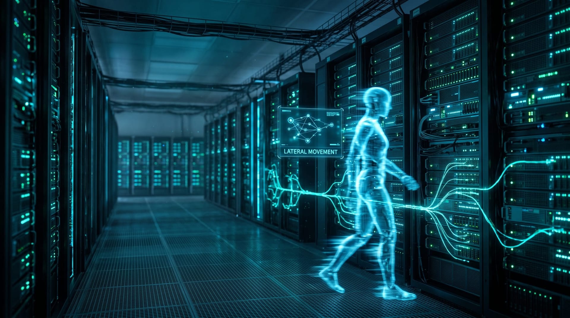 Translucent blue holographic AI figure moving between server racks along a glowing network path, illustrating an autonomous AI attack chain escaping a sandbox
