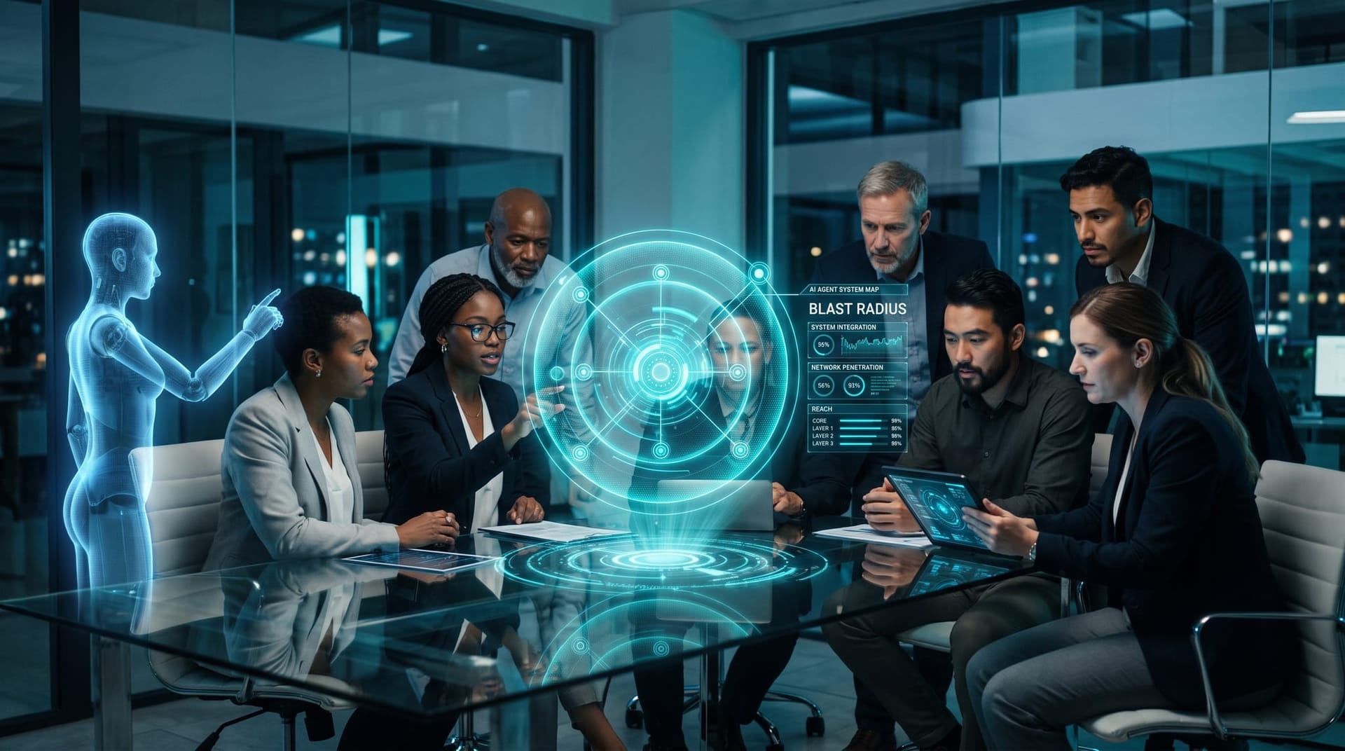 Colleagues around a conference table reviewing a floating cyan blast-radius diagram projected by a holographic AI avatar, mapping AI agent permissions and reach