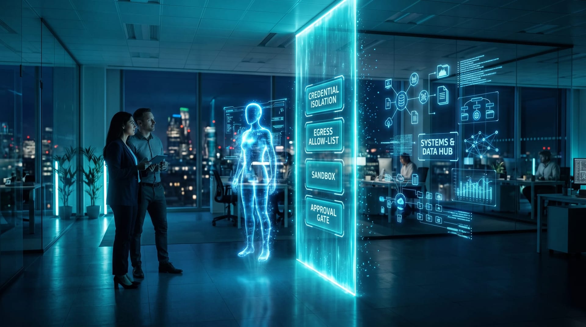Holographic cyan secure AI gateway layer with four glowing control panels separating a translucent AI avatar from company systems in a glass office