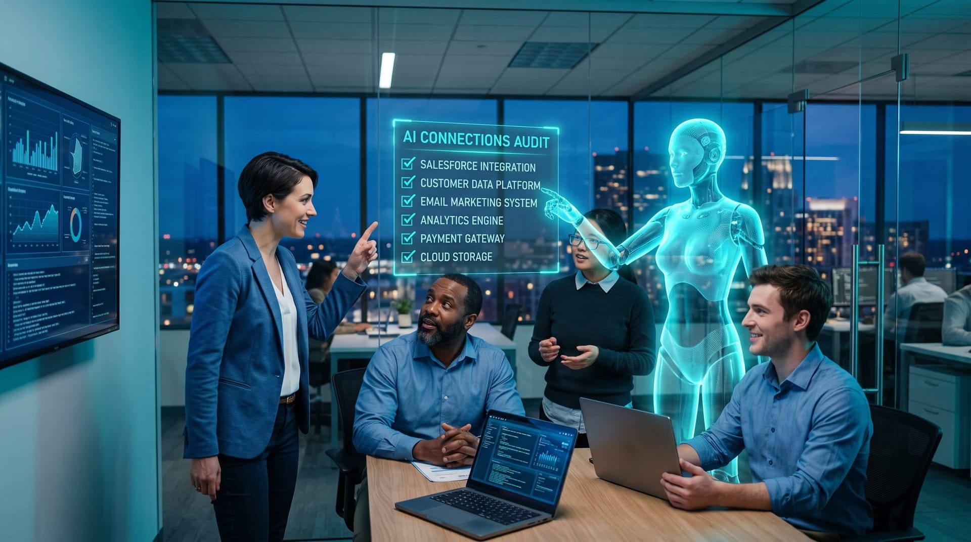 Small Northeast Indiana business team reviewing an AI connection inventory on a floating cyan checklist panel with a holographic AI avatar in a glass office