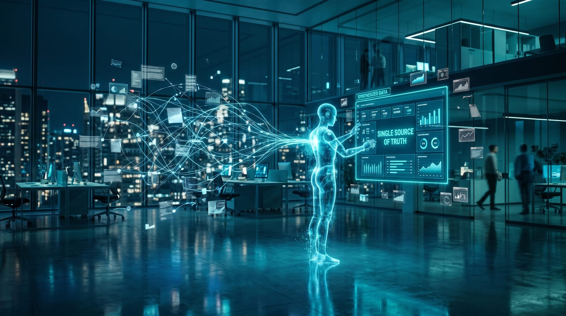 A translucent cyan holographic AI employee untangling messy data pipelines into one clean trusted source-of-truth panel in a glass-walled office