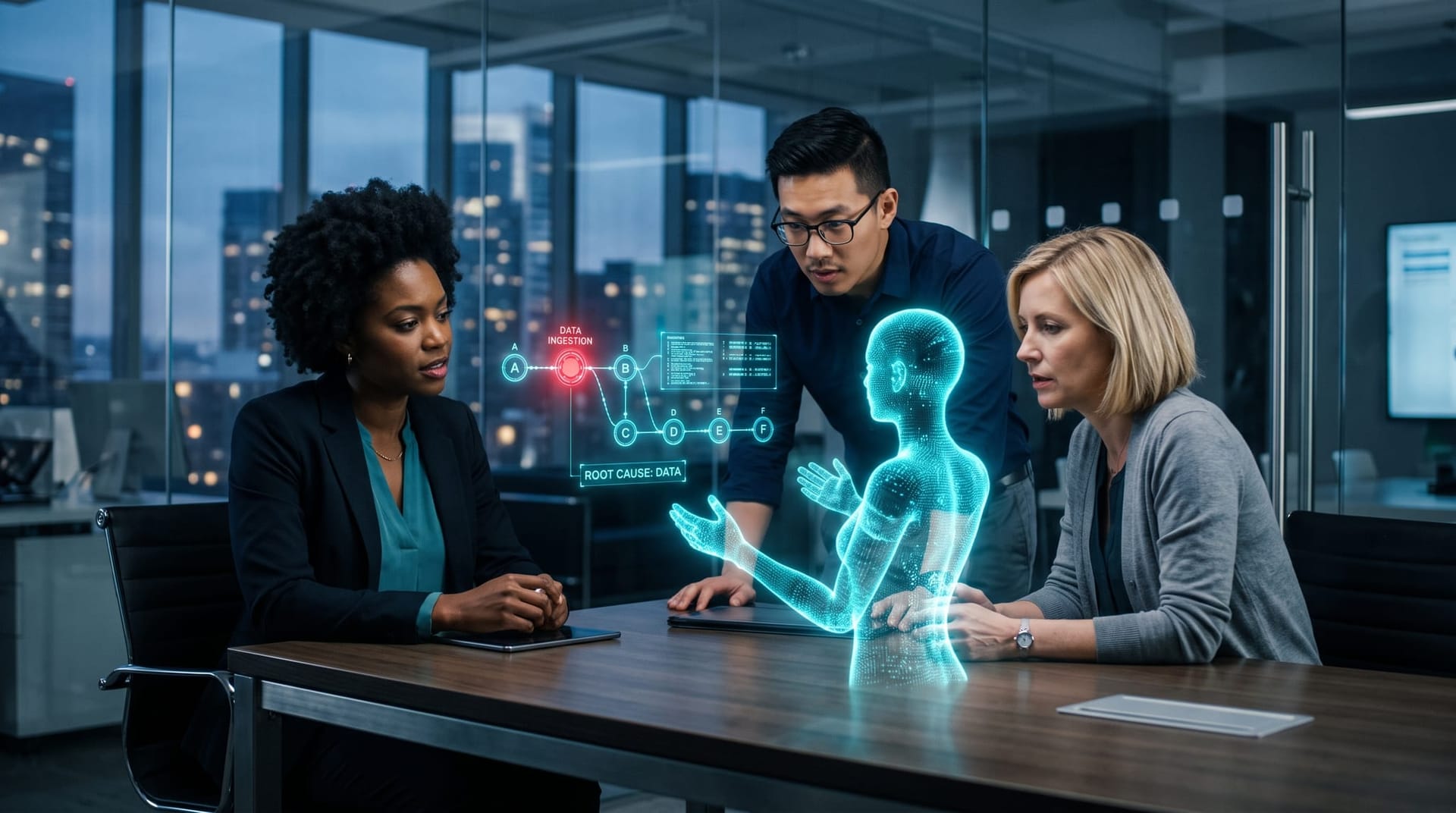 Business team watching a holographic AI avatar trace a confidently wrong answer back through the data pipeline instead of blaming the model