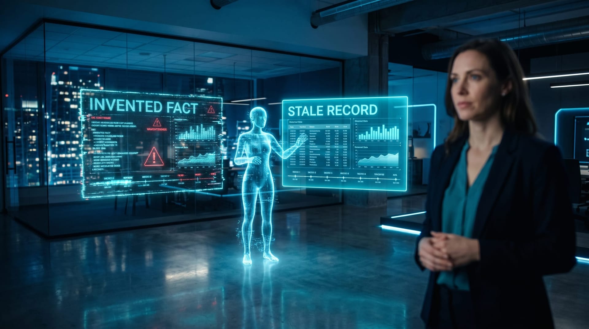Holographic panels contrasting a fabricated AI hallucination against a stale-data answer, illustrating why data quality drives reliable AI employees