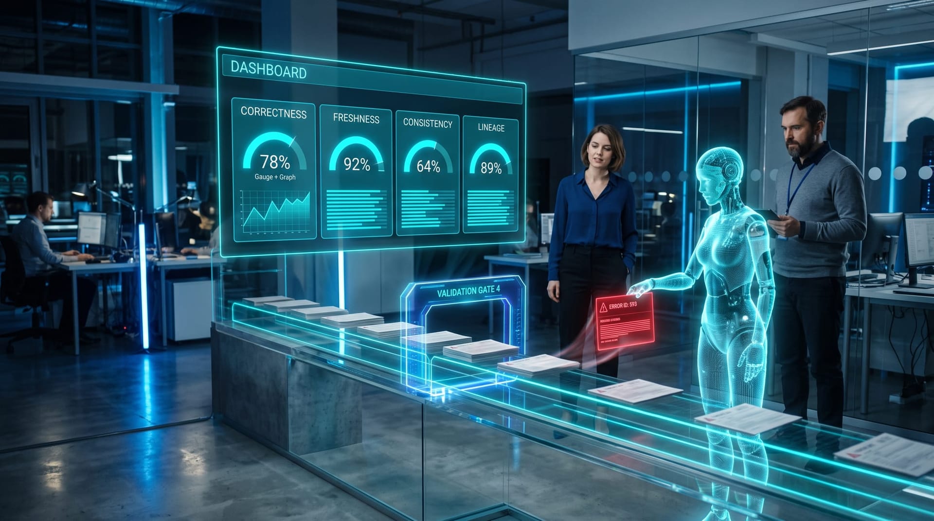 Holographic data-quality dashboard scoring correctness, freshness, consistency and lineage as an AI avatar validates incoming records at the door