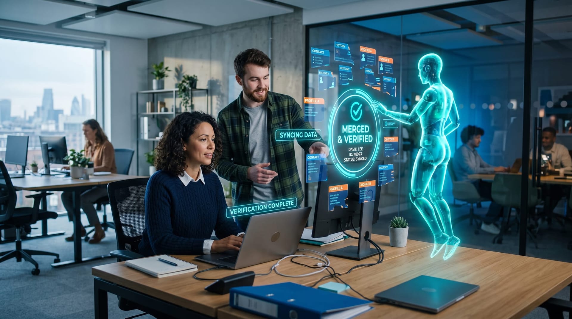 A small Northeast Indiana business team cleaning up a messy CRM with a holographic AI avatar merging duplicate customer records into one trusted view