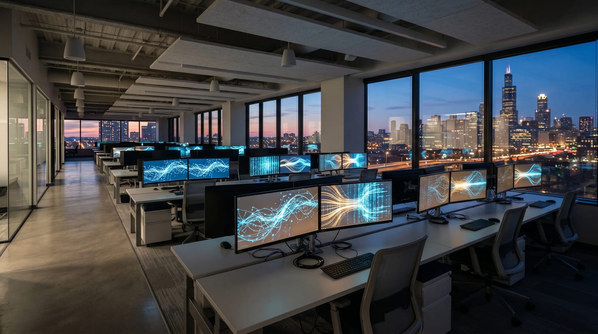Modern open-plan workspace with empty desks at twilight, multiple monitors showing flowing data and connected nodes, representing multi-agent AI workforce coordination architecture for Fort Wayne businesses.
