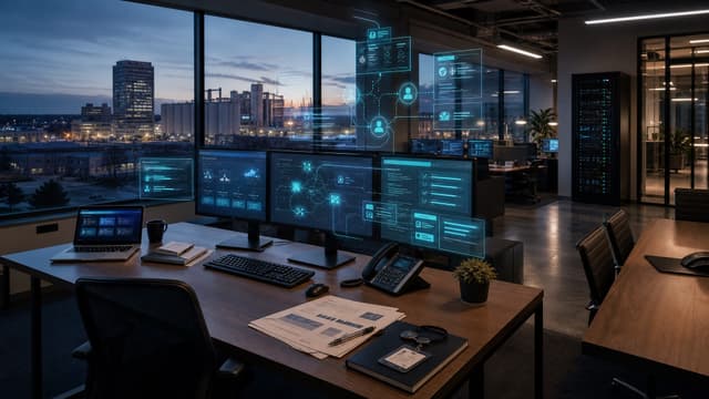 Modern open-plan workspace with empty desks at twilight, multiple monitors showing flowing data and connected nodes, representing multi-agent AI workforce coordination architecture for Fort Wayne businesses.