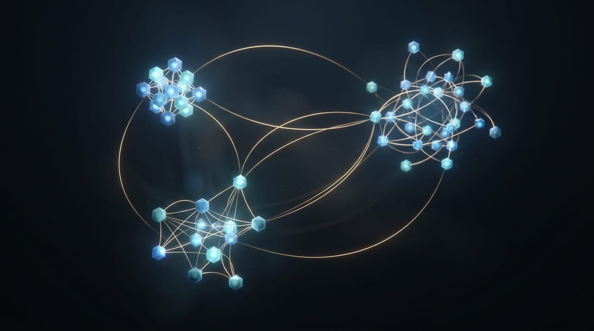 Abstract glowing network of interconnected nodes arranged in three distinct clusters with light lines flowing between them, evoking multi-agent AI coordination protocols and shared operating layer architecture.