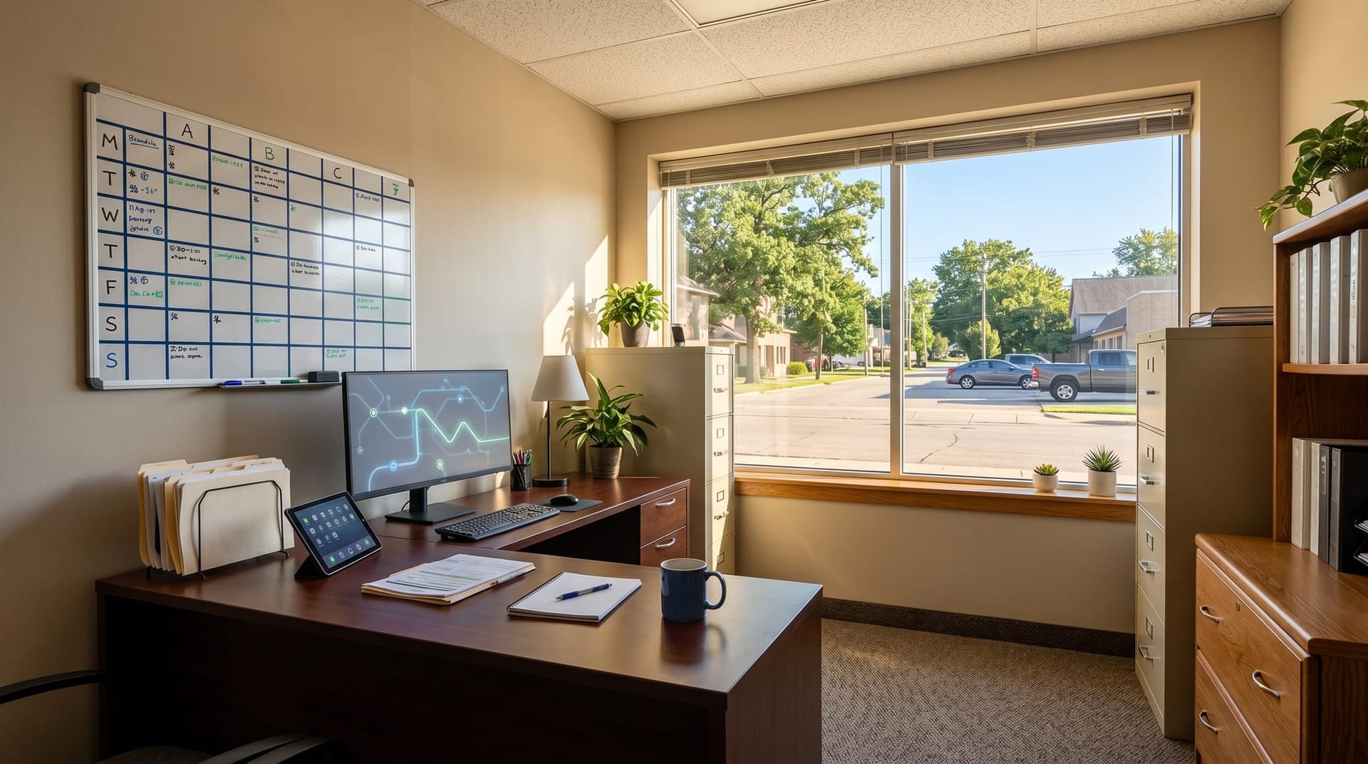 Quiet small-business workspace in a Northeast Indiana service company with a dispatch board, workstation, and tablet showing route information, representing a Fort Wayne home-services AI workforce deployment.