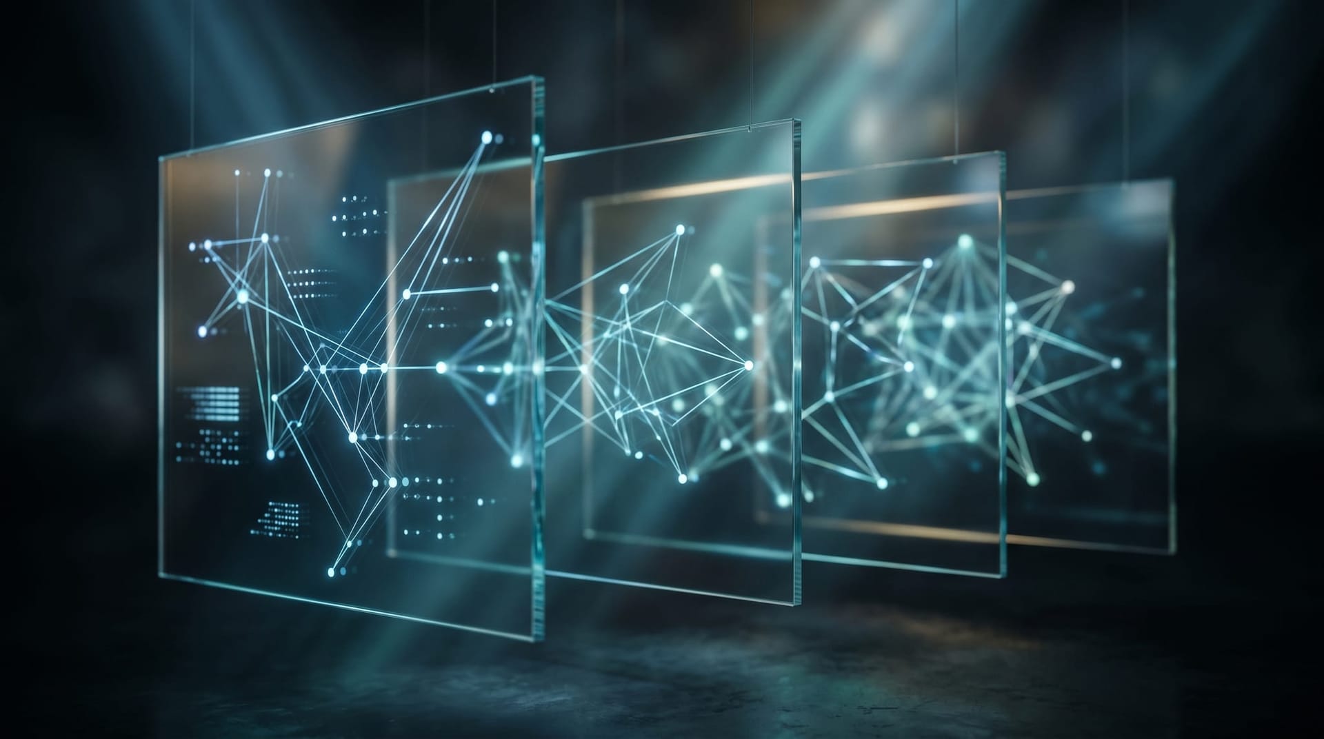 Conceptual photographic composition of stacked transparent glass plates each containing a different glowing pattern of data nodes, evoking the layered substrate of an AI operating layer beneath specialized agents.