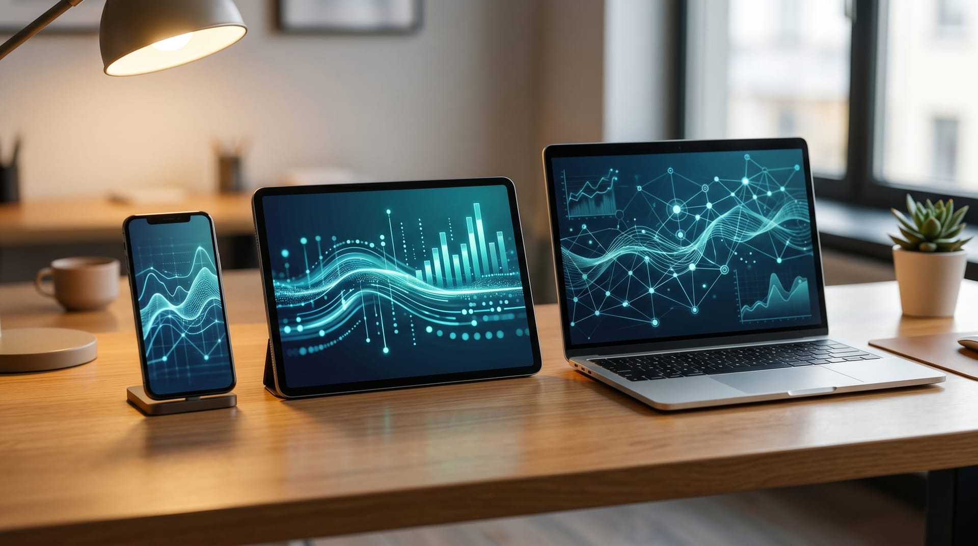 Three sleek modern devices arranged in sequence on a clean desk — phone, tablet, and laptop — each displaying abstract data visualizations, representing handoffs between specialized AI Employee agents in a multi-agent workflow.