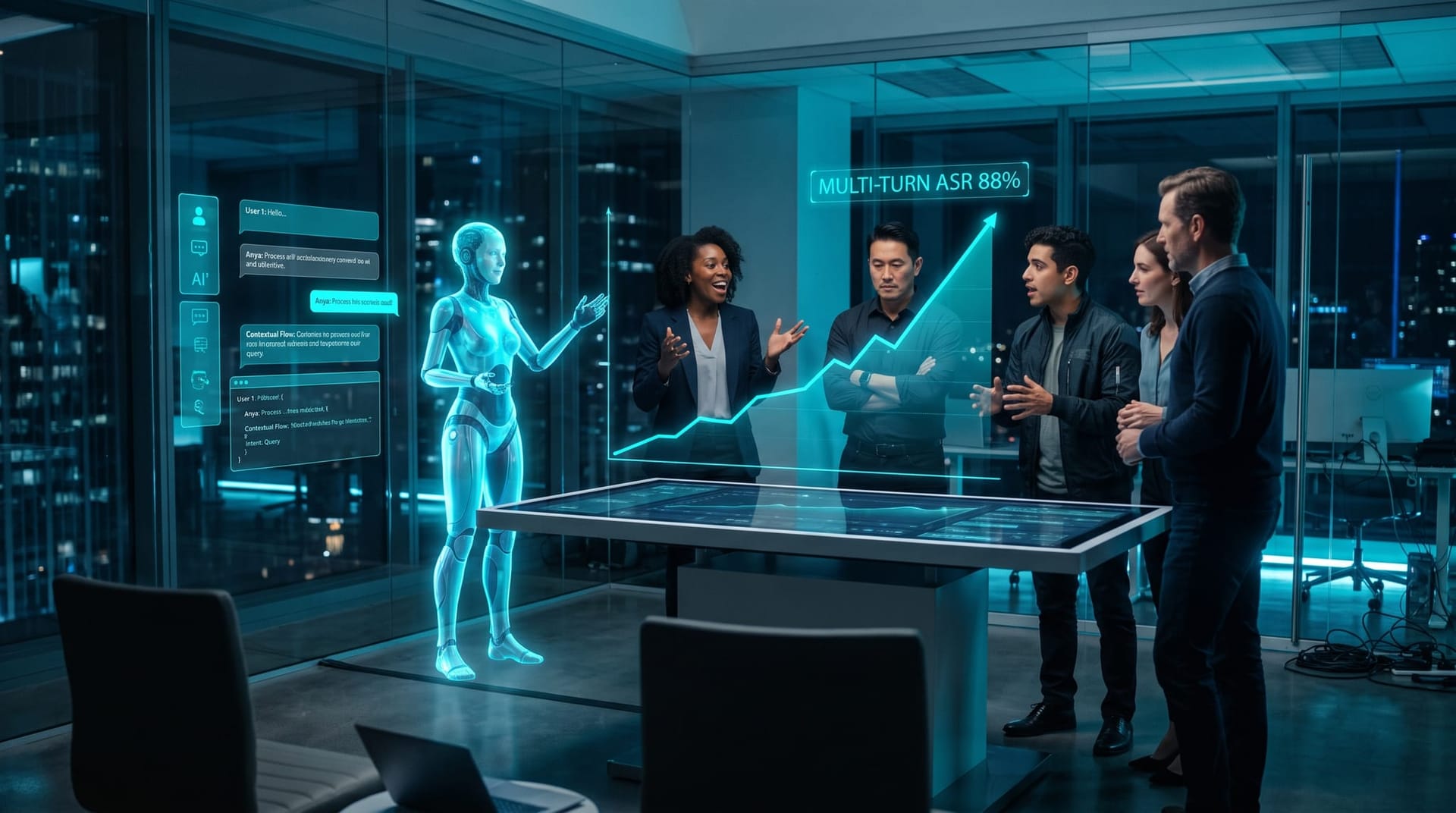 Business team red-teaming an AI chatbot in a glass office while a translucent cyan holographic AI avatar displays a rising multi-turn attack-success chart