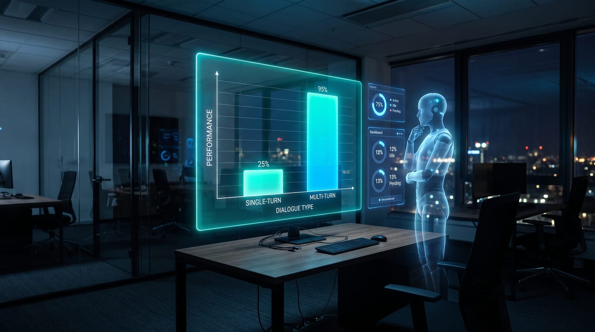 Floating cyan bar chart comparing low single-turn versus high multi-turn AI attack-success rates projected by a holographic AI avatar in a dark glass office